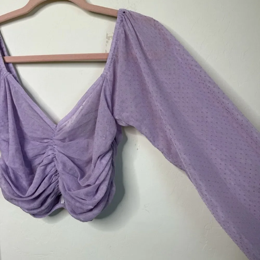 ASOS Size 4 Purple Ruched Sheer Swiss Dot Long Sleeve Crop Top